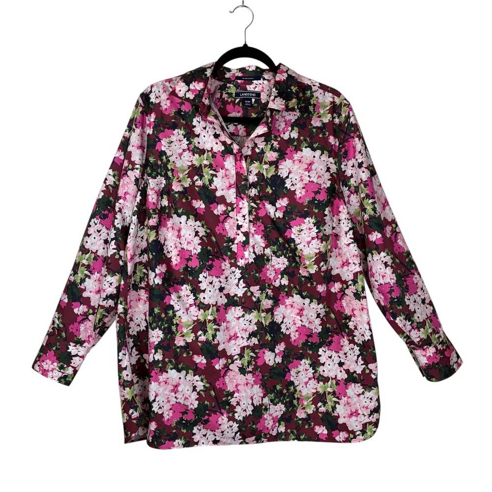 Lands' End Womens No Iron Supima Floral Cotton Popover Top Size 16W Pink Travel